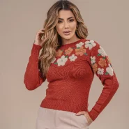 Linda Blusa Cropped Flor Tricô Modal Premium Manga Longa Outono Inverno Frio Modinha Fashion Laffy