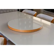 PRATO GIRATÓRIO CENTRO DE MESA SALA DE JANTAR 50CM BORDA DE MADEIRA LAMINADA VIDRO OFF WHITE