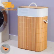 Cesto De Roupa Suja Bambu 72 Litros Lavanderia Com Tampa e Alças Forrado Grande Organizador Banheiro
