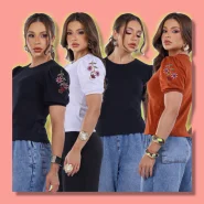 Kit 4 Blusa TShirt Feminina Bordada na Manga Casual Camiseta Básica Elegante