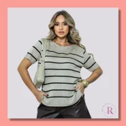 Blusa Feminina Em tricot Solta Com Listras Manga Curta Em linha