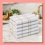 5 Pano Prato Cozinha Xadrez Branco c/ Dourado Grande Algodão Macio Laune Haus