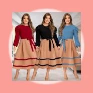 Vestido Feminino Midi Rodado Luxo Manga Elegante Com Laço M-XG