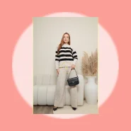 Conjunto Feminino Mousse blusa listrada e Calça Pantalona com Bolso Inverno Elegante