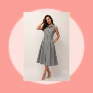 Vestido feminino midi ajuste solto Tecido Luis Twill elegante Botões na frente com bolso