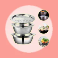 3 em 1 Conjunto Bacia de Aço Inox com Escorredor e Ralador