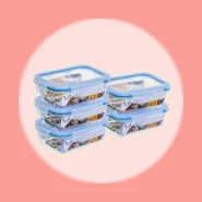 KIT 5 Potes de Vidro Retangular com Tampa Hermética 640ml Branco ou Azul