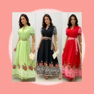 Vestido Feminino Midi Floral Rodado Acinturado Manga Curta Viscolinho