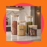 Kit 4 Potes Herméticos Tampa Bambu Organizador Mantimentos Cozinha