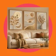 Kit 3 Quadros Arte Floral 3D Dourado Premium Sala De Estar Moderna Elegante Luxo