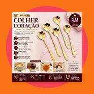 Kit 5 Colheres Coração Fofa para Cozinha Mesa Posta Douradas Café Sobremesa Chá Aço Inoxidável