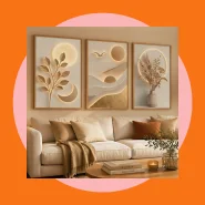 Kit 3 Quadros Arte Floral 3D Dourado Premium Decoração Sala De Estar Moderna Elegante Luxo