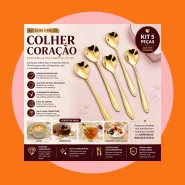 Kit 5 Colheres Coração Fofa para Cozinha Mesa Posta Douradas