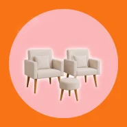 Kit 2 Poltronas Decorativo Para Sala e 1 Puff Redondo Pés