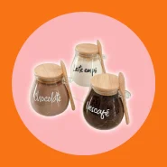 POTE HERMETICO COM TAMPA E COLHER DE BAMBU PERSONALIZADO 410 ML