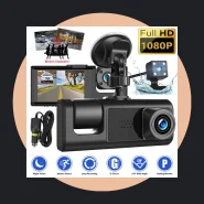 Câmera Veicular Full HD 1080p 3 Lentes (Frontal + Interna + Traseira) com Tela LCD | DVR Automotivo com Visão Noturna