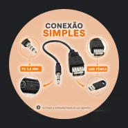 Cabo Adaptador USB Fêmea para P2 Macho 3,5mm Áudio Auxiliar